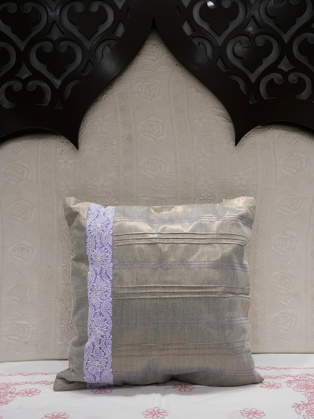 Ada Hand Embroidered Silver Tissue Lucknowi Chikankari Cushion Cover 01A44981