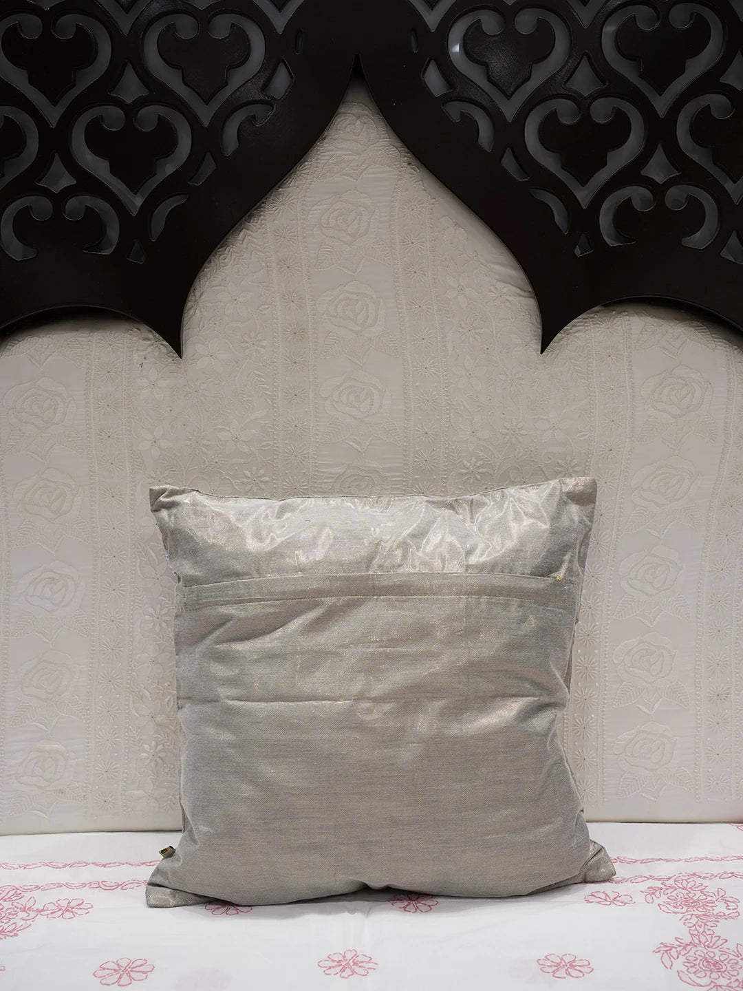 Ada Hand Embroidered Silver Tissue Lucknowi Chikankari Cushion Cover 01A44981