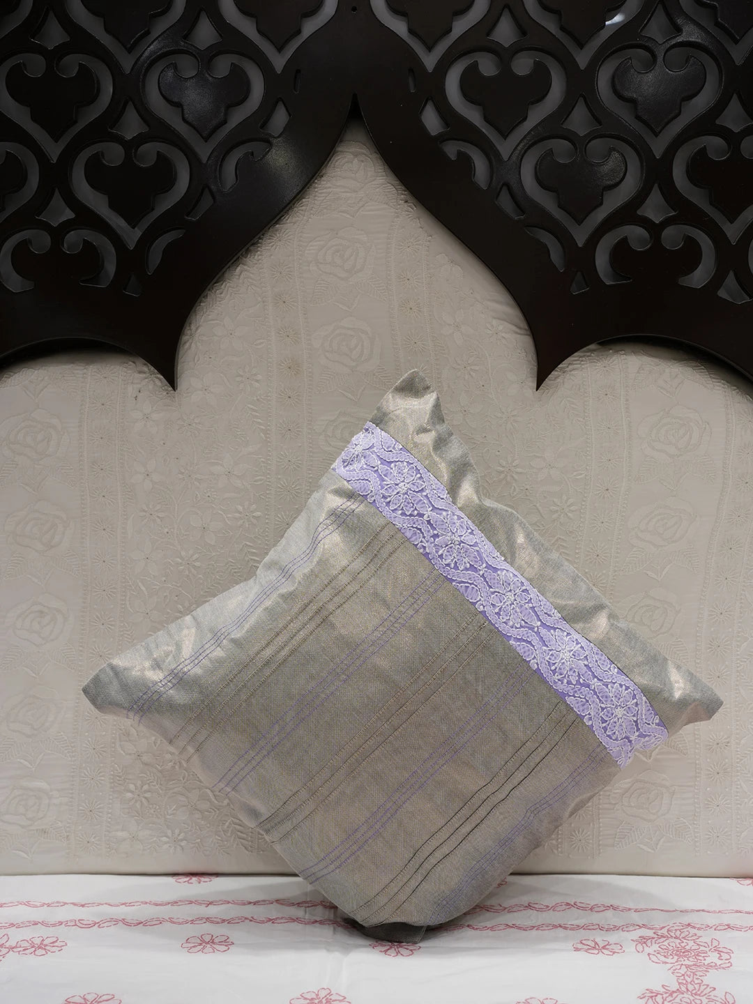 Ada Hand Embroidered Silver Tissue Lucknowi Chikankari Cushion Cover 01A44981