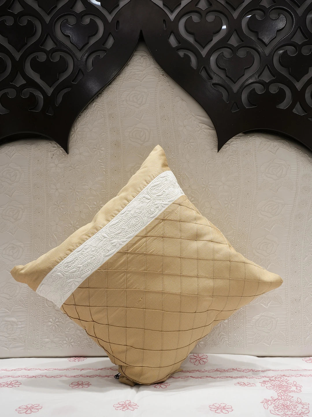 Ada Hand Embroidered Fawn Chanderi Lucknowi Chikankari Cushion Cover 01A52709