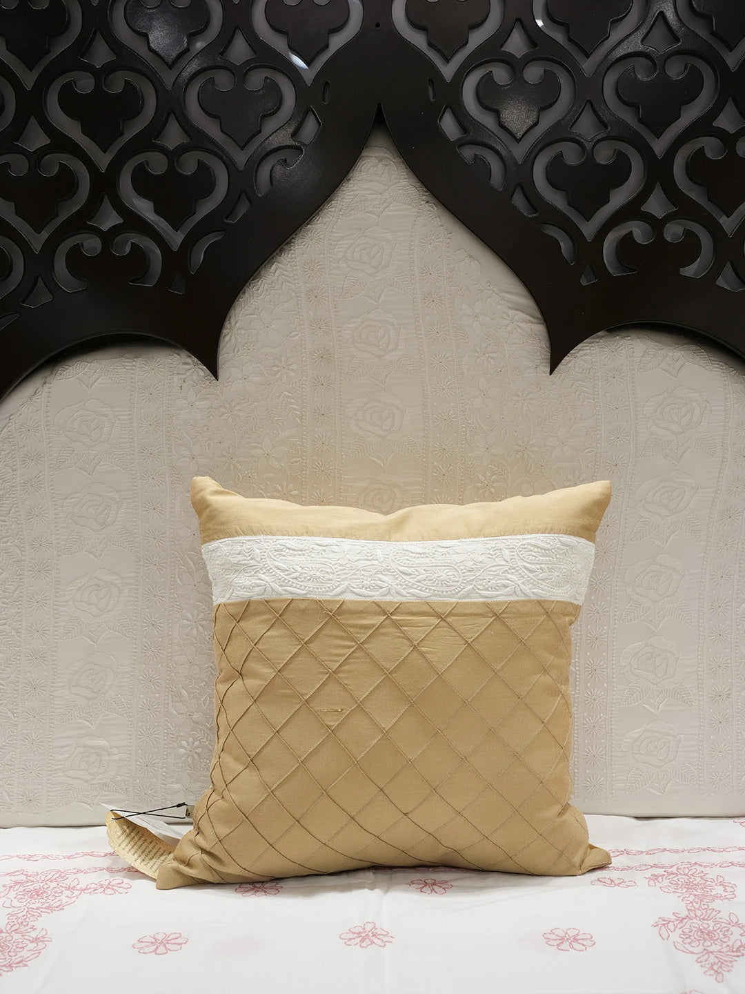 Ada Hand Embroidered Fawn Chanderi Lucknowi Chikankari Cushion Cover 01A52709