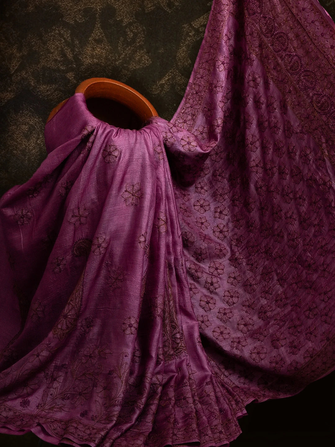 Ada Hand Embroidered Heather Mauve Silk Lucknowi Chikankari Saree and Blouse 01A528385