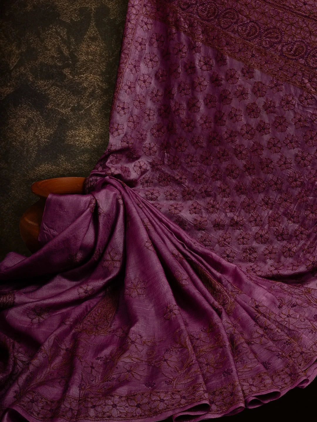 Ada Hand Embroidered Heather Mauve Silk Lucknowi Chikankari Saree and Blouse 01A528385