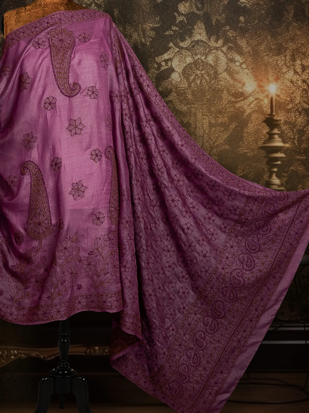 Ada Hand Embroidered Heather Mauve Silk Lucknowi Chikankari Saree and Blouse 01A528385