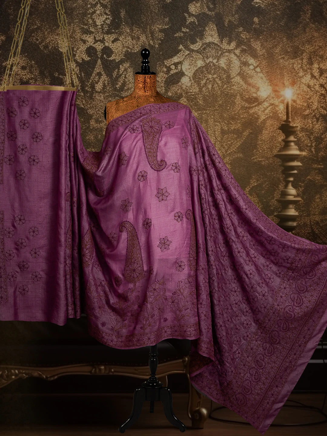 Ada Hand Embroidered Heather Mauve Silk Lucknowi Chikankari Saree and Blouse 01A528385