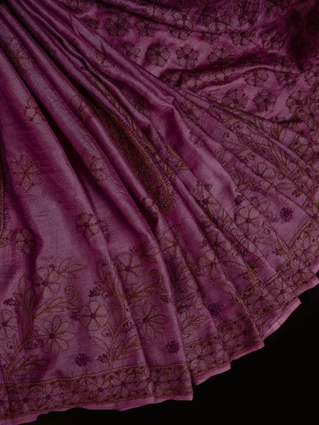 Ada Hand Embroidered Heather Mauve Silk Lucknowi Chikankari Saree and Blouse 01A528385