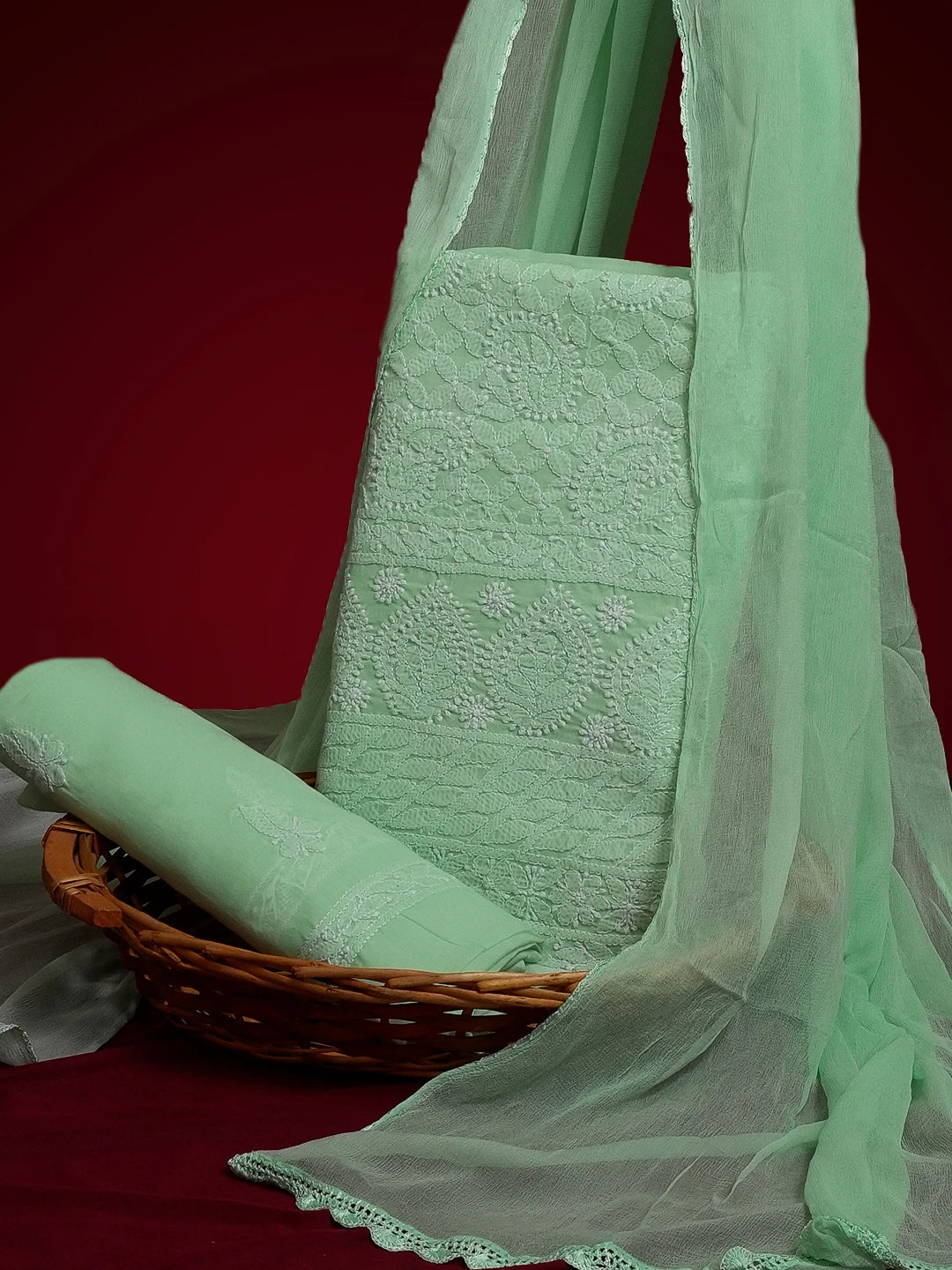 Ada Hand Embroidered Sea Green Cotton Lucknowi Chikankari Unstitched Suit Piece 01A489004
