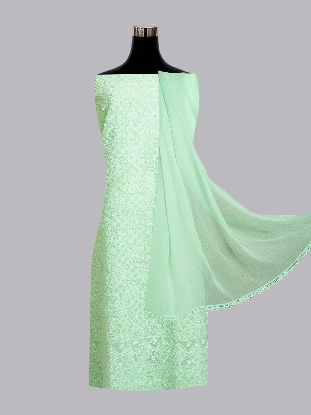 Ada Hand Embroidered Sea Green Cotton Lucknowi Chikankari Unstitched Suit Piece 01A489004