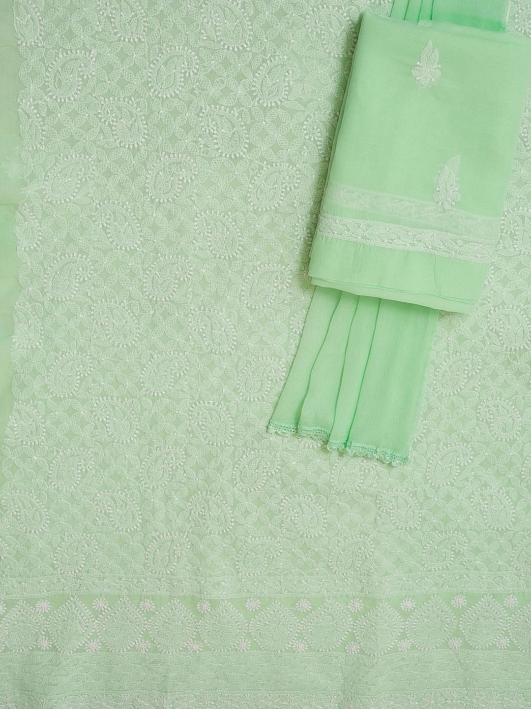 Ada Hand Embroidered Sea Green Cotton Lucknowi Chikankari Unstitched Suit Piece 01A489004