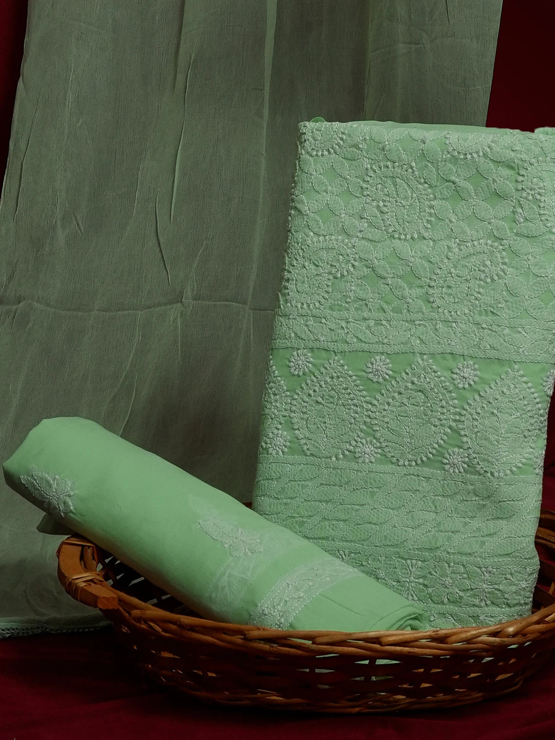 Ada Hand Embroidered Sea Green Cotton Lucknowi Chikankari Unstitched Suit Piece 01A489004