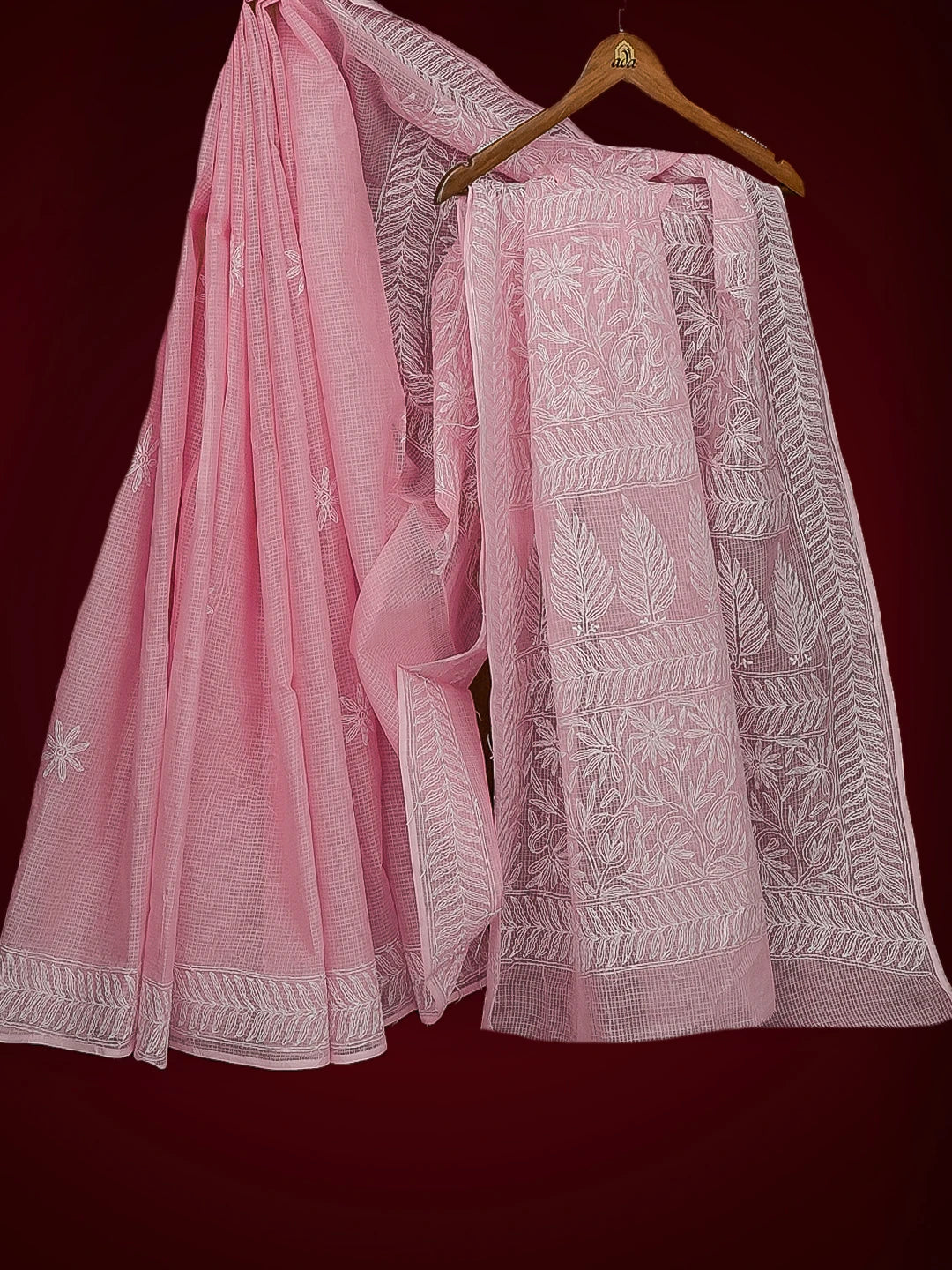 Ada Hand Embroidered Pink Kota Lucknowi Chikankari Saree With Blouse 01A525454