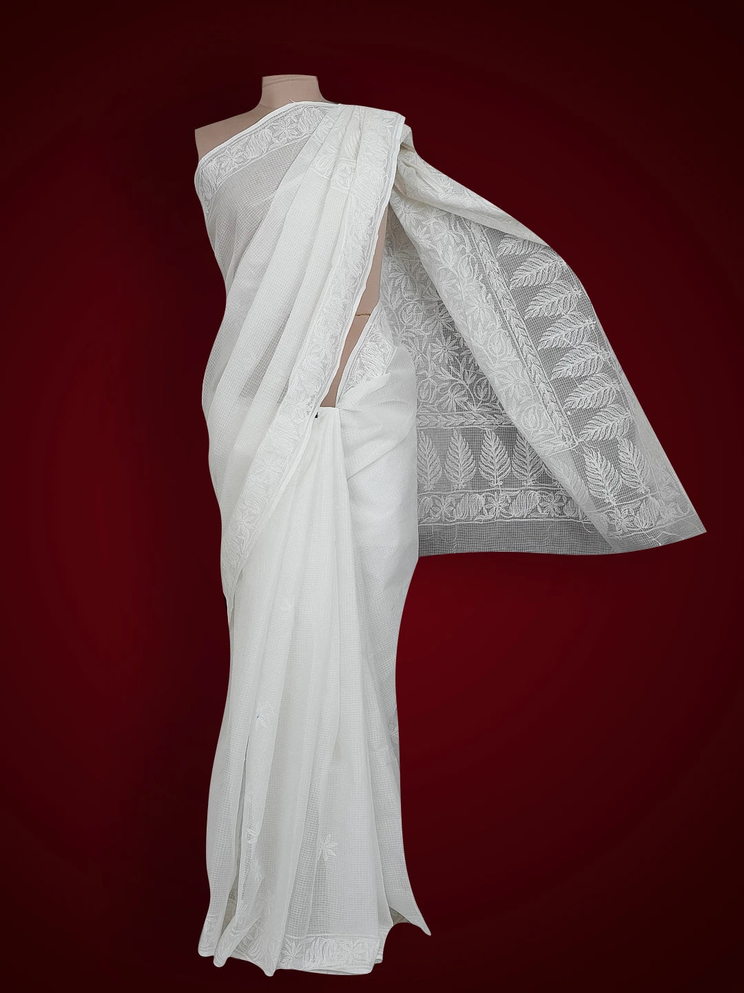 Ada Hand Embroidered White Kota Lucknowi Chikankari Saree With Blouse 01A525464