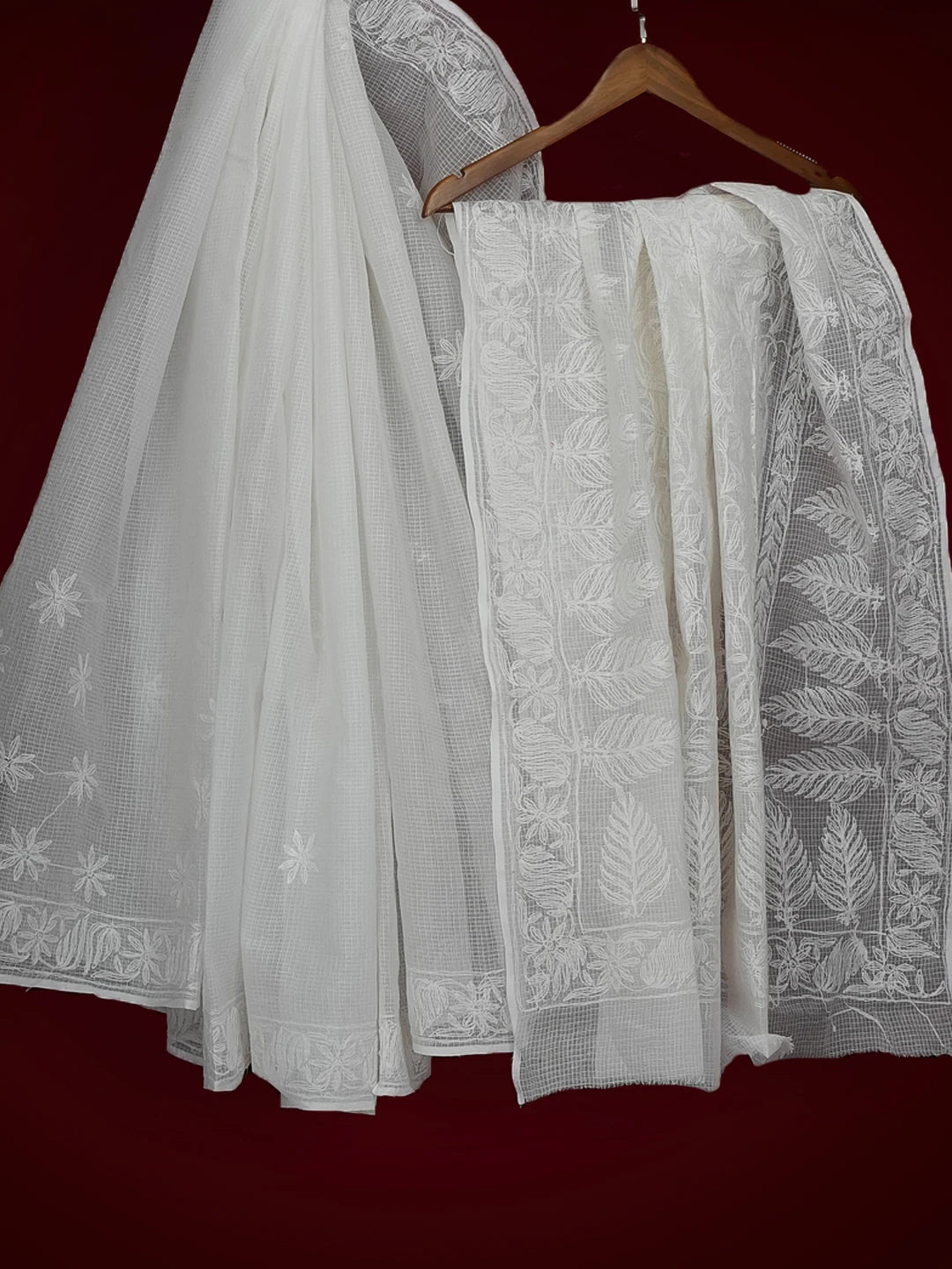 Ada Hand Embroidered White Kota Lucknowi Chikankari Saree With Blouse 01A525464