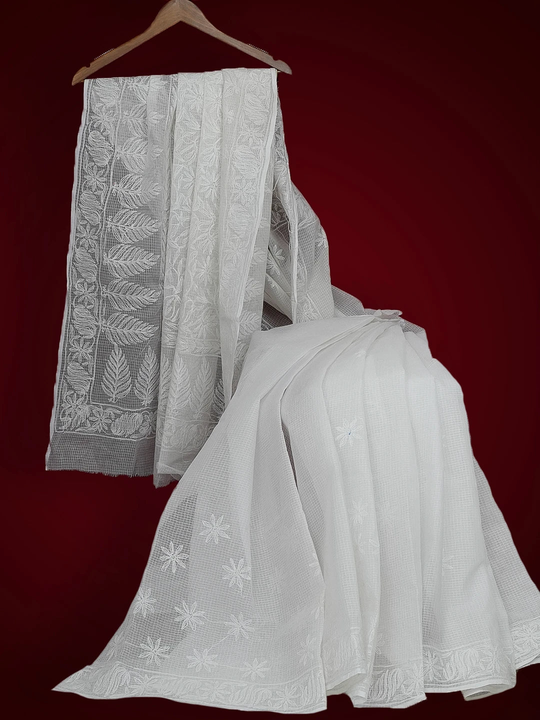 Ada Hand Embroidered White Kota Lucknowi Chikankari Saree With Blouse 01A525464