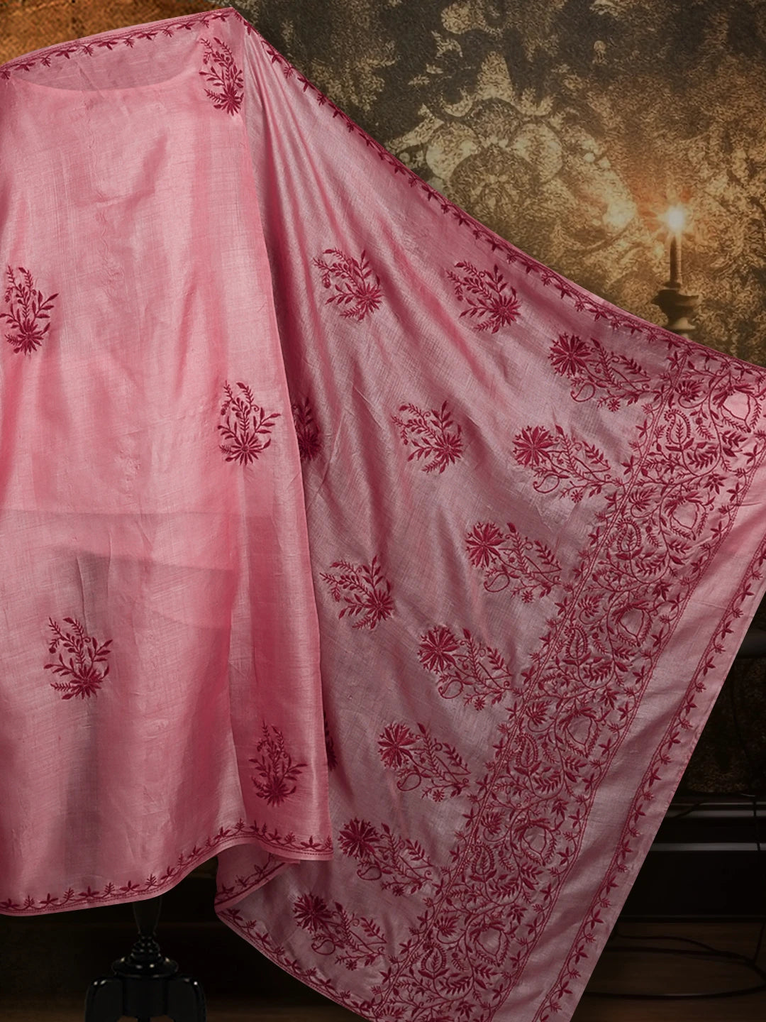 Ada Hand Embroidered Onion Pink Silk Lucknowi Chikankari Saree and Blouse 01A527201