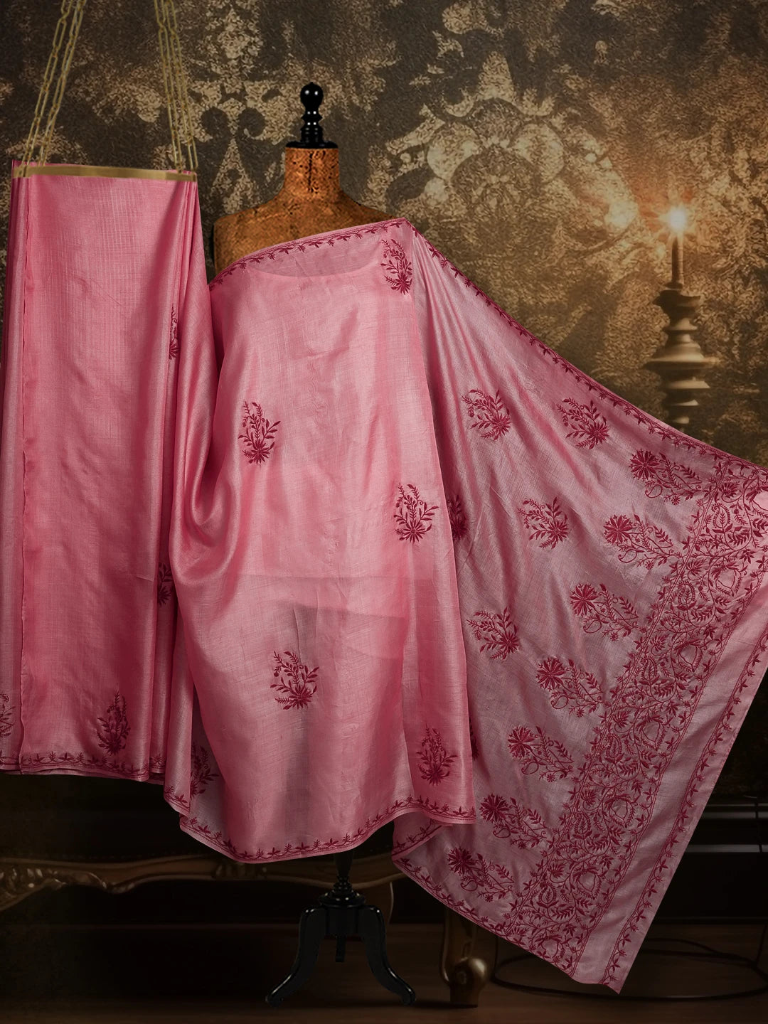 Ada Hand Embroidered Onion Pink Silk Lucknowi Chikankari Saree and Blouse 01A527201