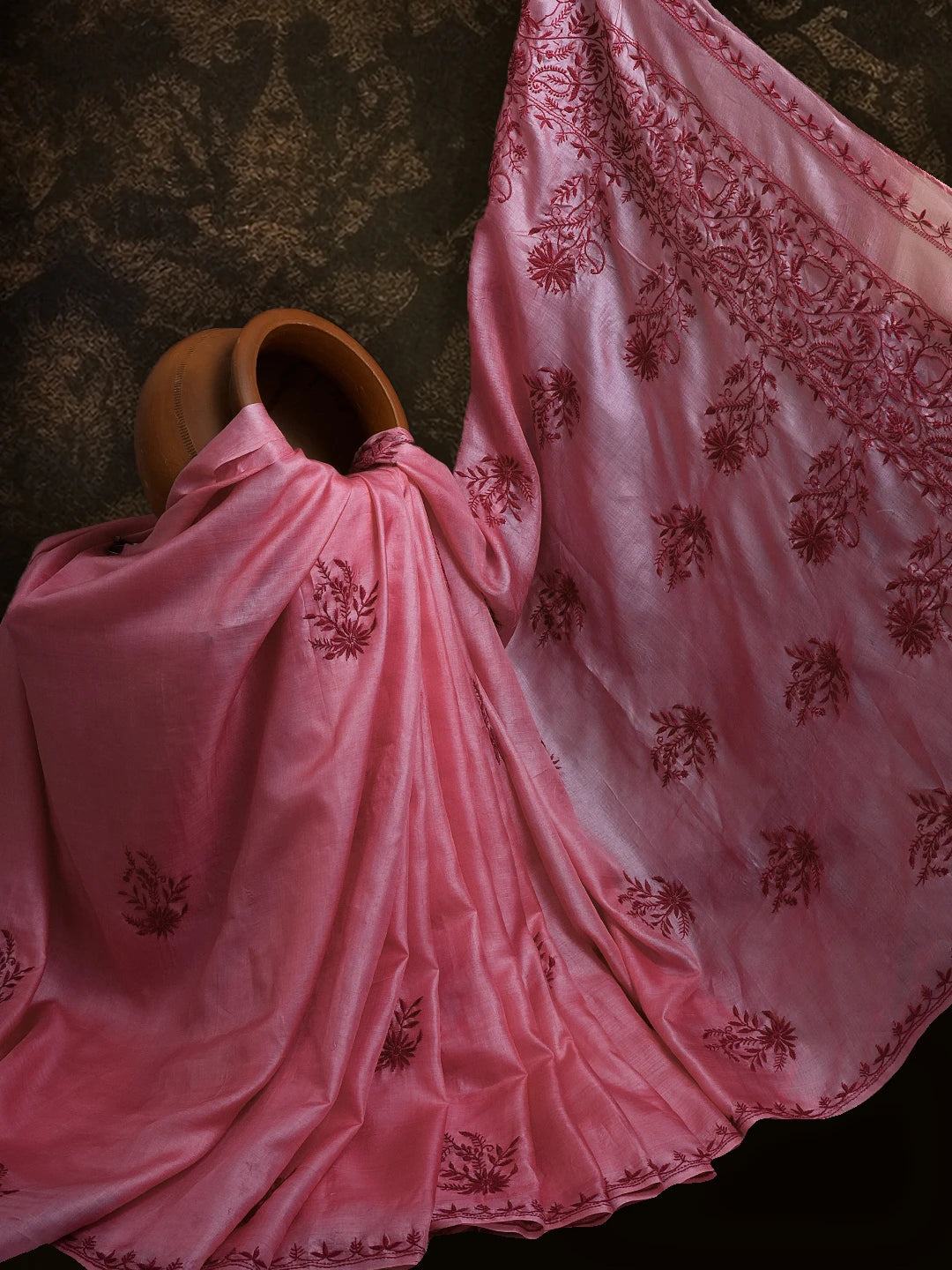 Ada Hand Embroidered Onion Pink Silk Lucknowi Chikankari Saree and Blouse 01A527201