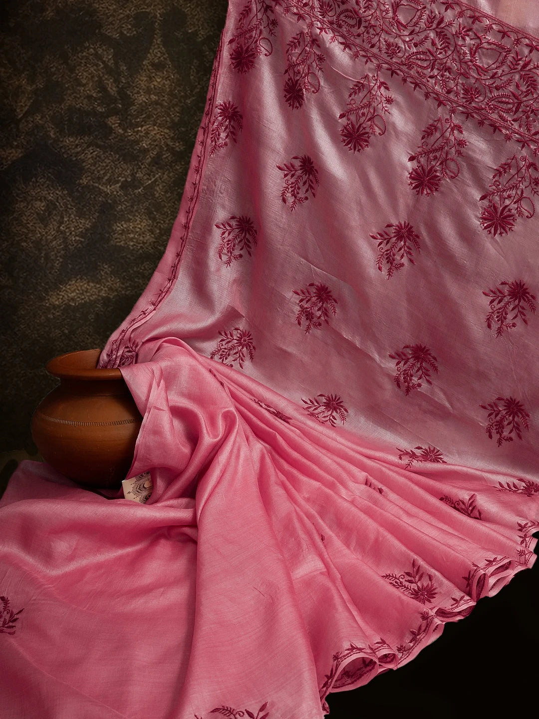 Ada Hand Embroidered Onion Pink Silk Lucknowi Chikankari Saree and Blouse 01A527201