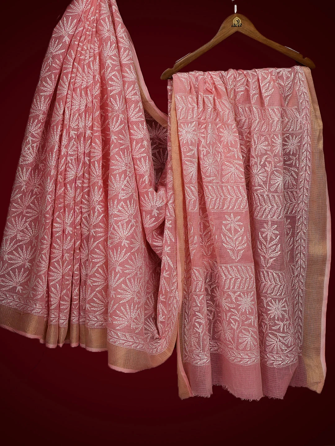 Ada Hand Embroidered Peach Kota Lucknowi Chikankari Saree With Blouse 01A525479