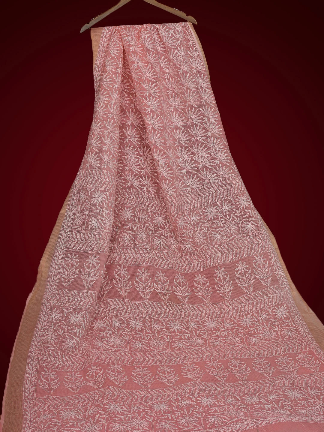 Ada Hand Embroidered Peach Kota Lucknowi Chikankari Saree With Blouse 01A525479