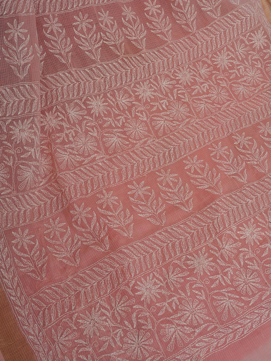 Ada Hand Embroidered Peach Kota Lucknowi Chikankari Saree With Blouse 01A525479