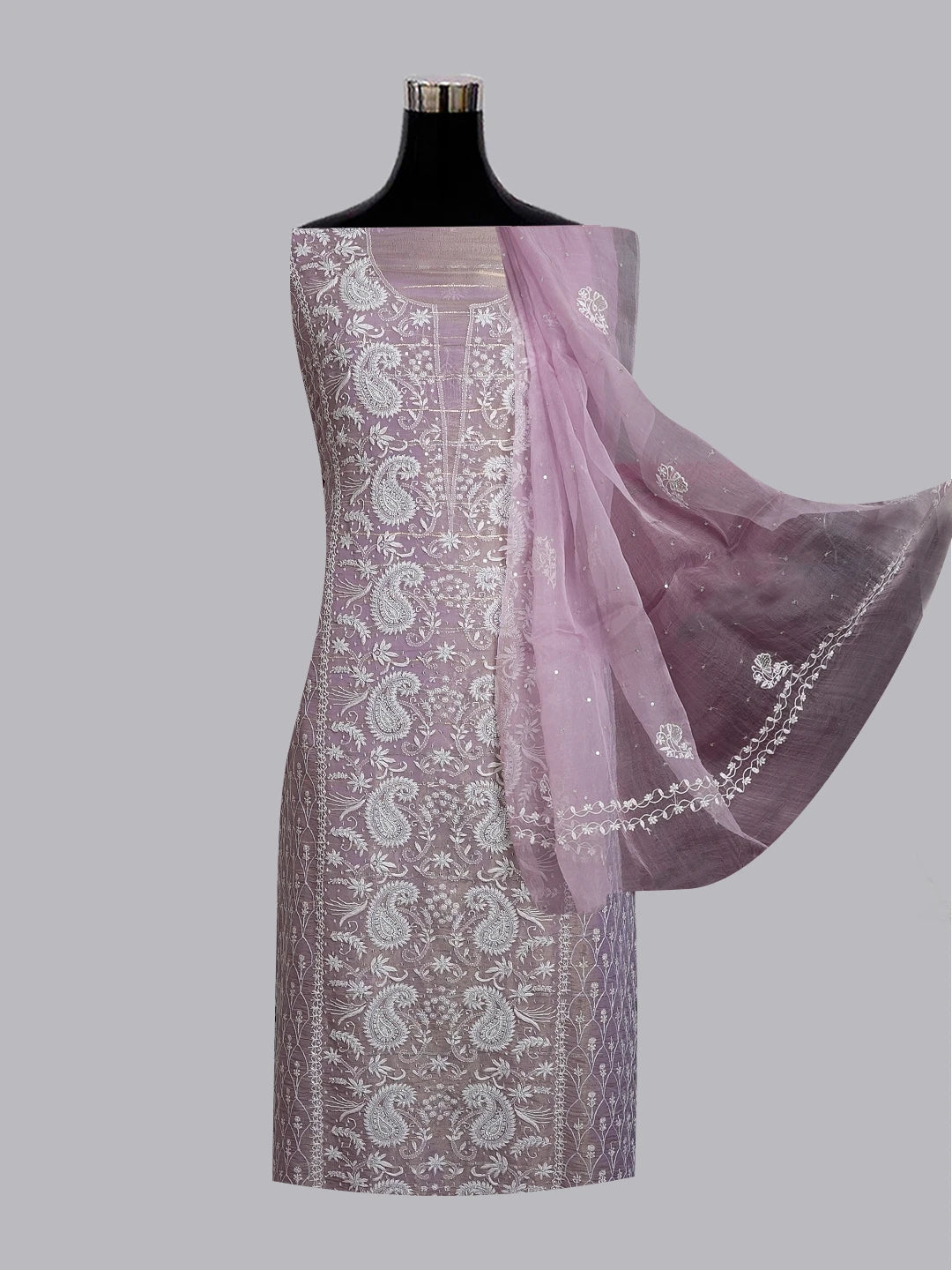 Ada Hand Embroidered Mauve Organza Tissue Lucknowi Chikankari Unstitched Kurta Dupatta Set With Sequinned Work 01A525756