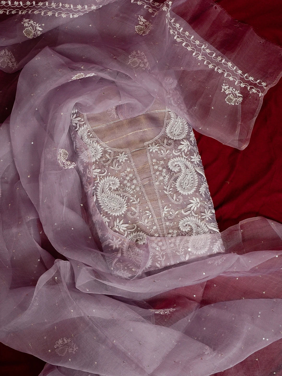 Ada Hand Embroidered Mauve Organza Tissue Lucknowi Chikankari Unstitched Kurta Dupatta Set With Sequinned Work 01A525756