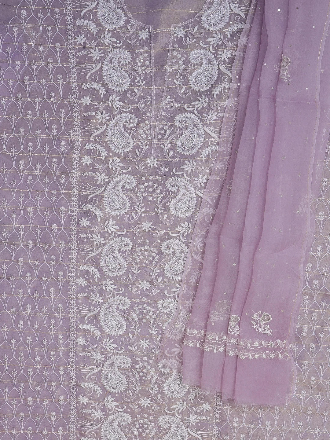 Ada Hand Embroidered Mauve Organza Tissue Lucknowi Chikankari Unstitched Kurta Dupatta Set With Sequinned Work 01A525756