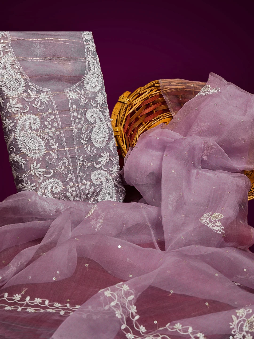 Ada Hand Embroidered Mauve Organza Tissue Lucknowi Chikankari Unstitched Kurta Dupatta Set With Sequinned Work 01A525756