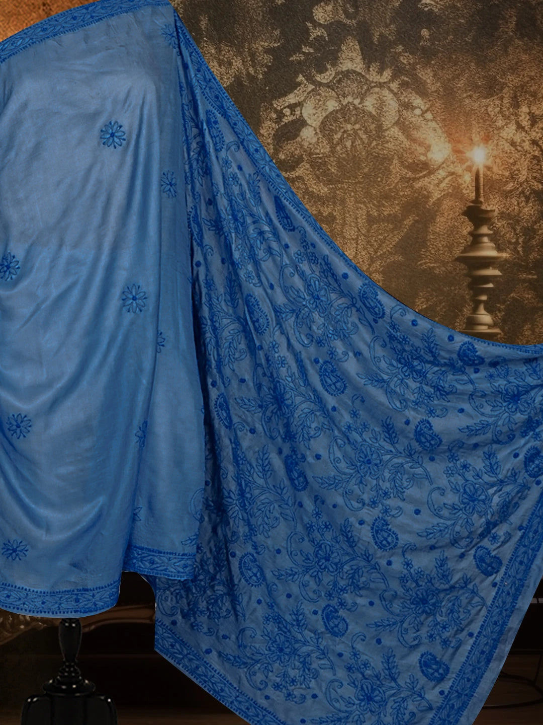 Ada Hand Embroidered Royal Blue Tussar Silk Lucknowi Chikankari Saree With Blouse 01A527005