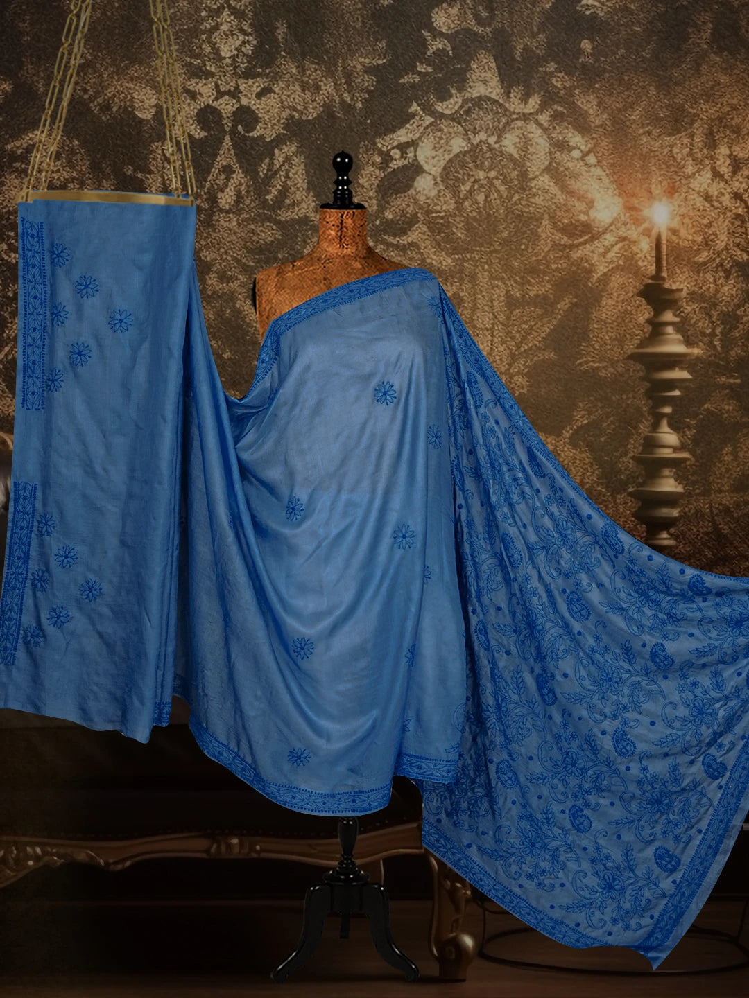 Ada Hand Embroidered Royal Blue Tussar Silk Lucknowi Chikankari Saree With Blouse 01A527005