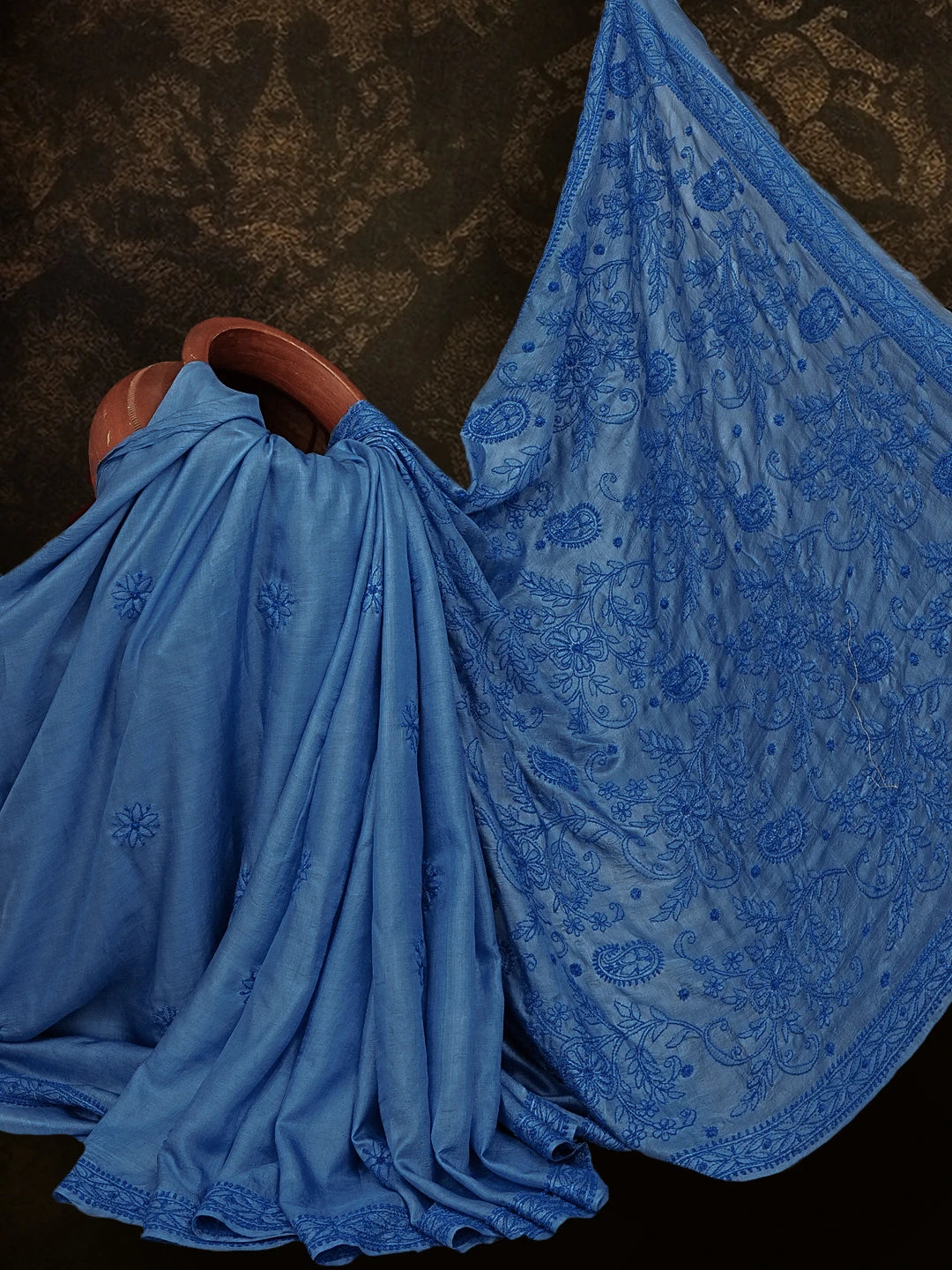 Ada Hand Embroidered Royal Blue Tussar Silk Lucknowi Chikankari Saree With Blouse 01A527005