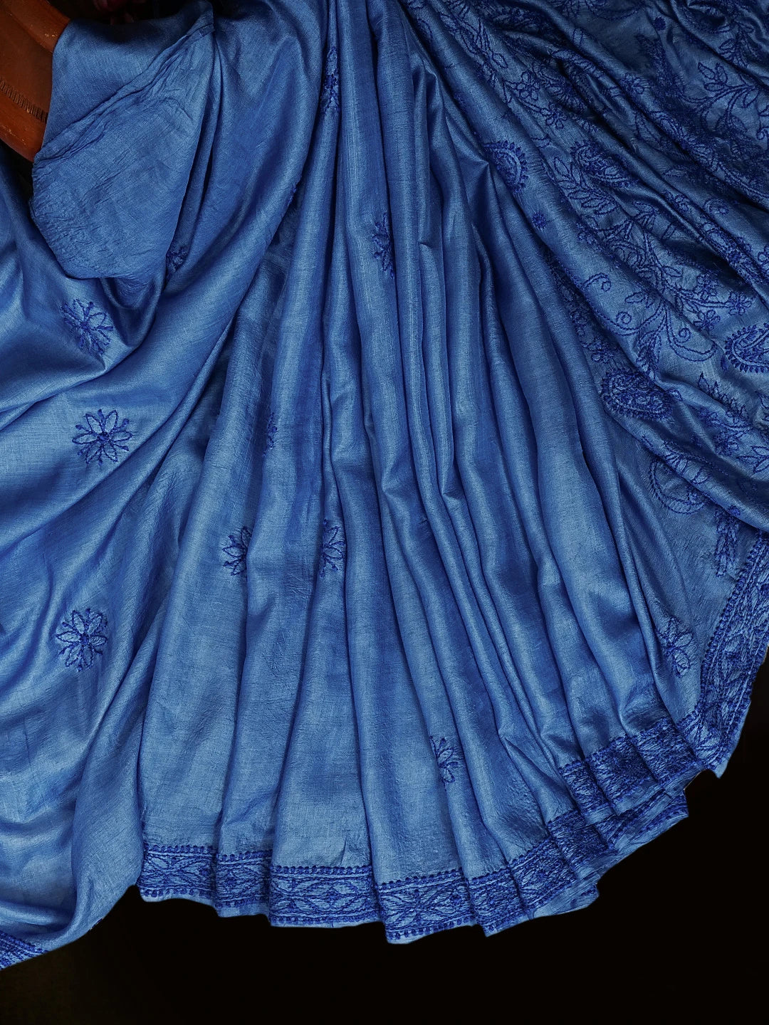 Ada Hand Embroidered Royal Blue Tussar Silk Lucknowi Chikankari Saree With Blouse 01A527005