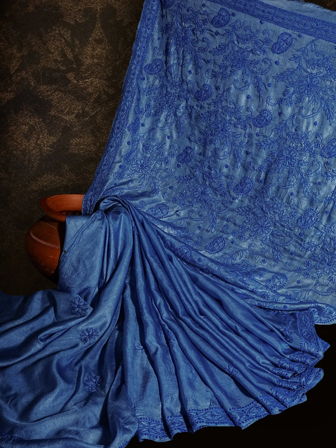 Ada Hand Embroidered Royal Blue Tussar Silk Lucknowi Chikankari Saree With Blouse 01A527005