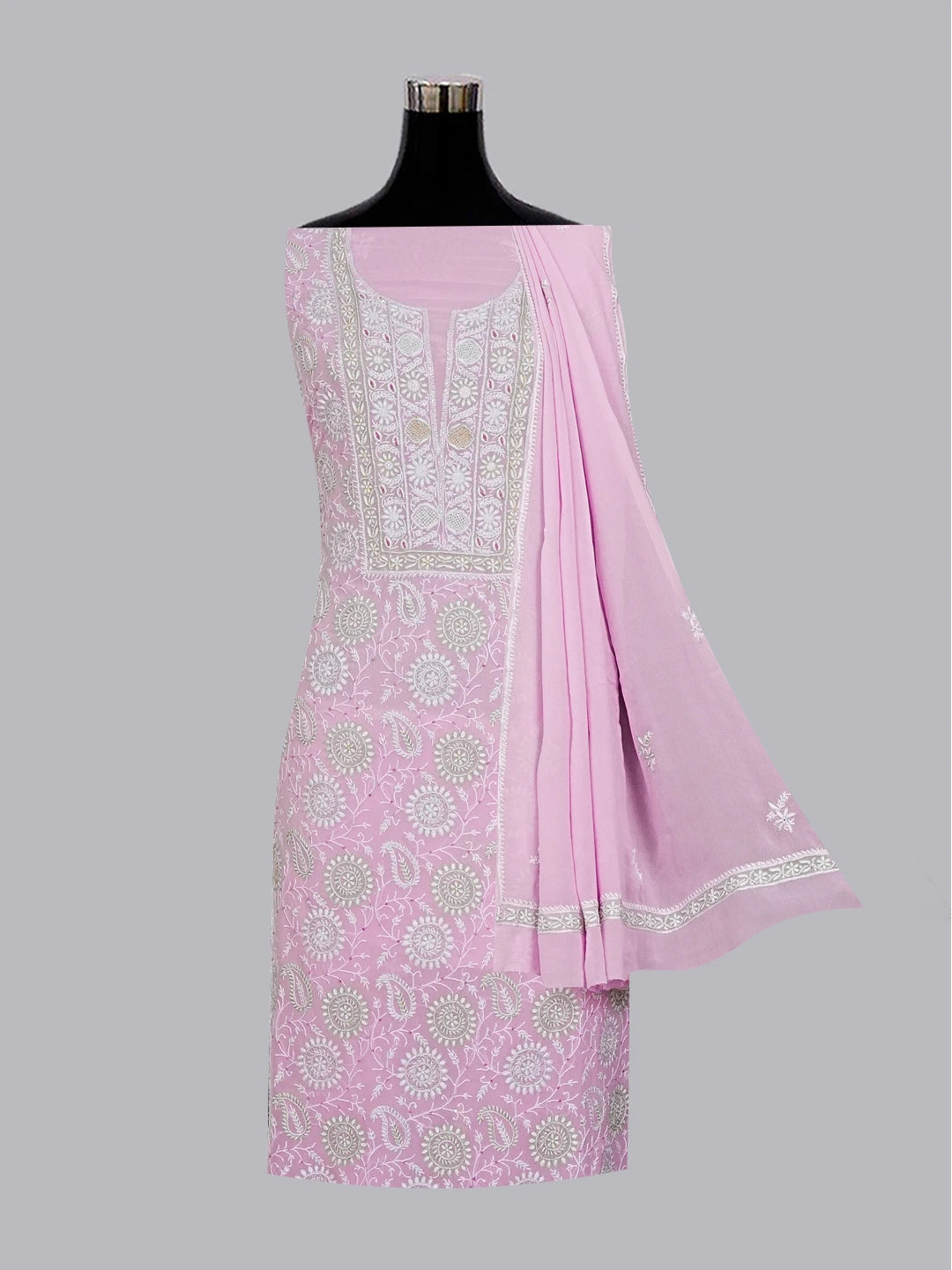 Ada Hand Embroidered Mauve Pure Georgette  Lucknowi Chikankari Unstitched Kurta Dupatta Set With Zari Work 01A510645
