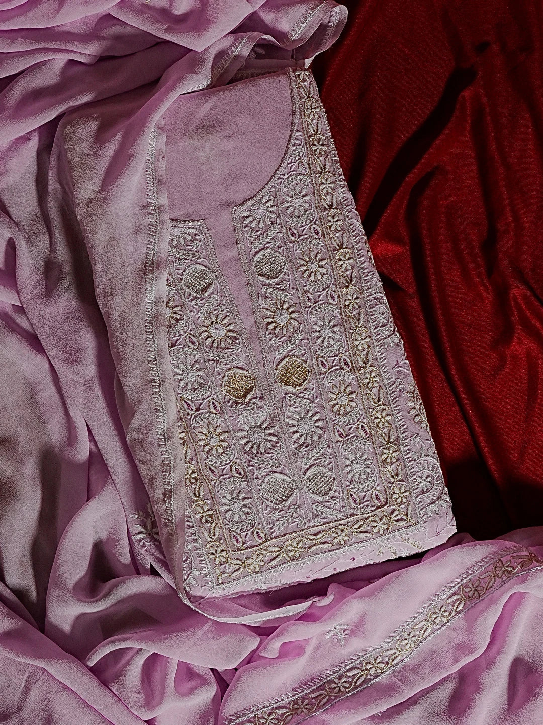Ada Hand Embroidered Mauve Pure Georgette  Lucknowi Chikankari Unstitched Kurta Dupatta Set With Zari Work 01A510645