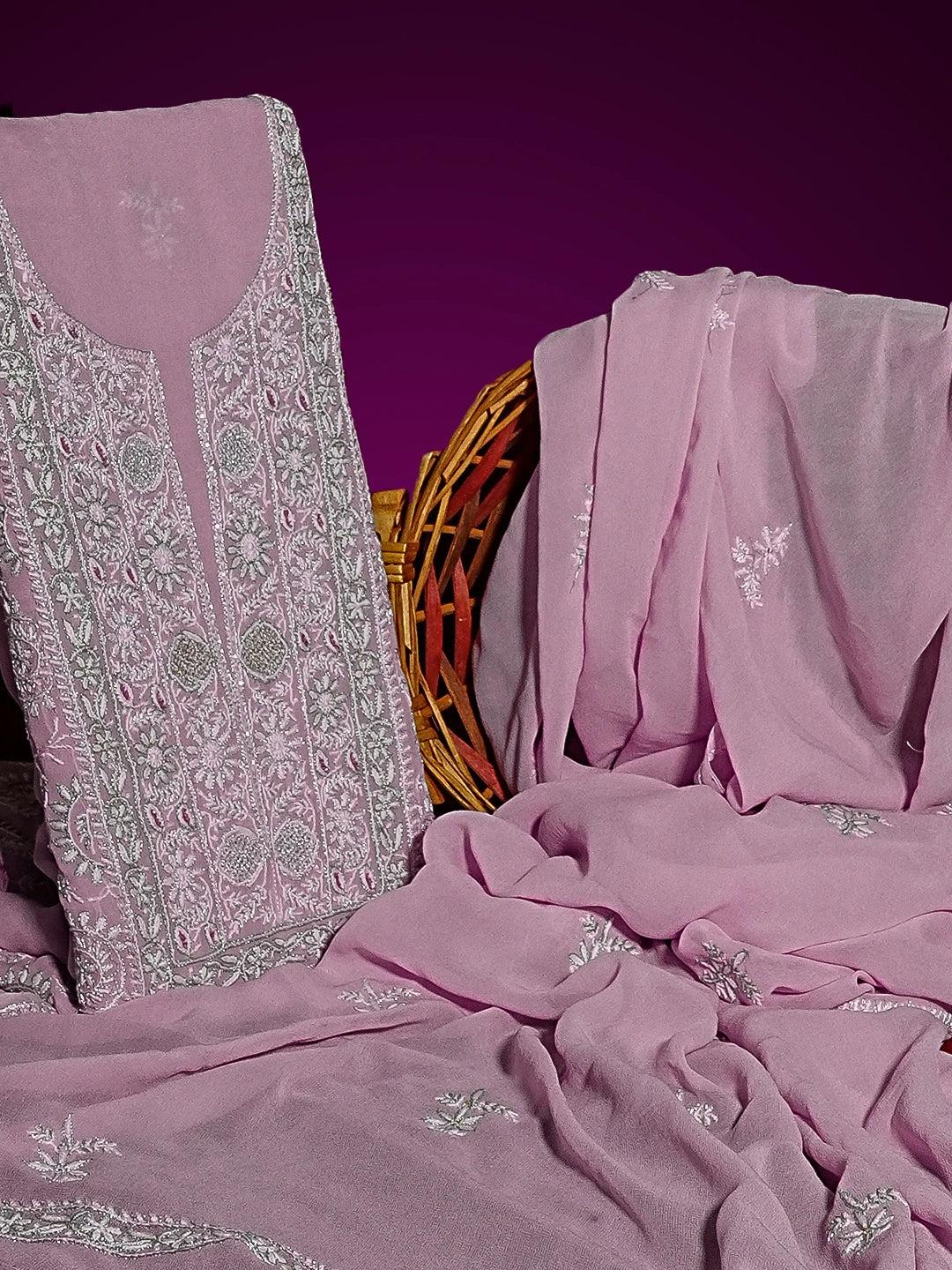Ada Hand Embroidered Mauve Pure Georgette  Lucknowi Chikankari Unstitched Kurta Dupatta Set With Zari Work 01A510645