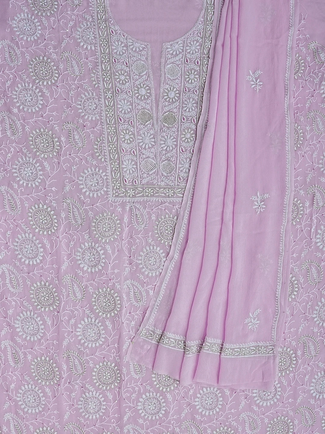 Ada Hand Embroidered Mauve Pure Georgette  Lucknowi Chikankari Unstitched Kurta Dupatta Set With Zari Work 01A510645
