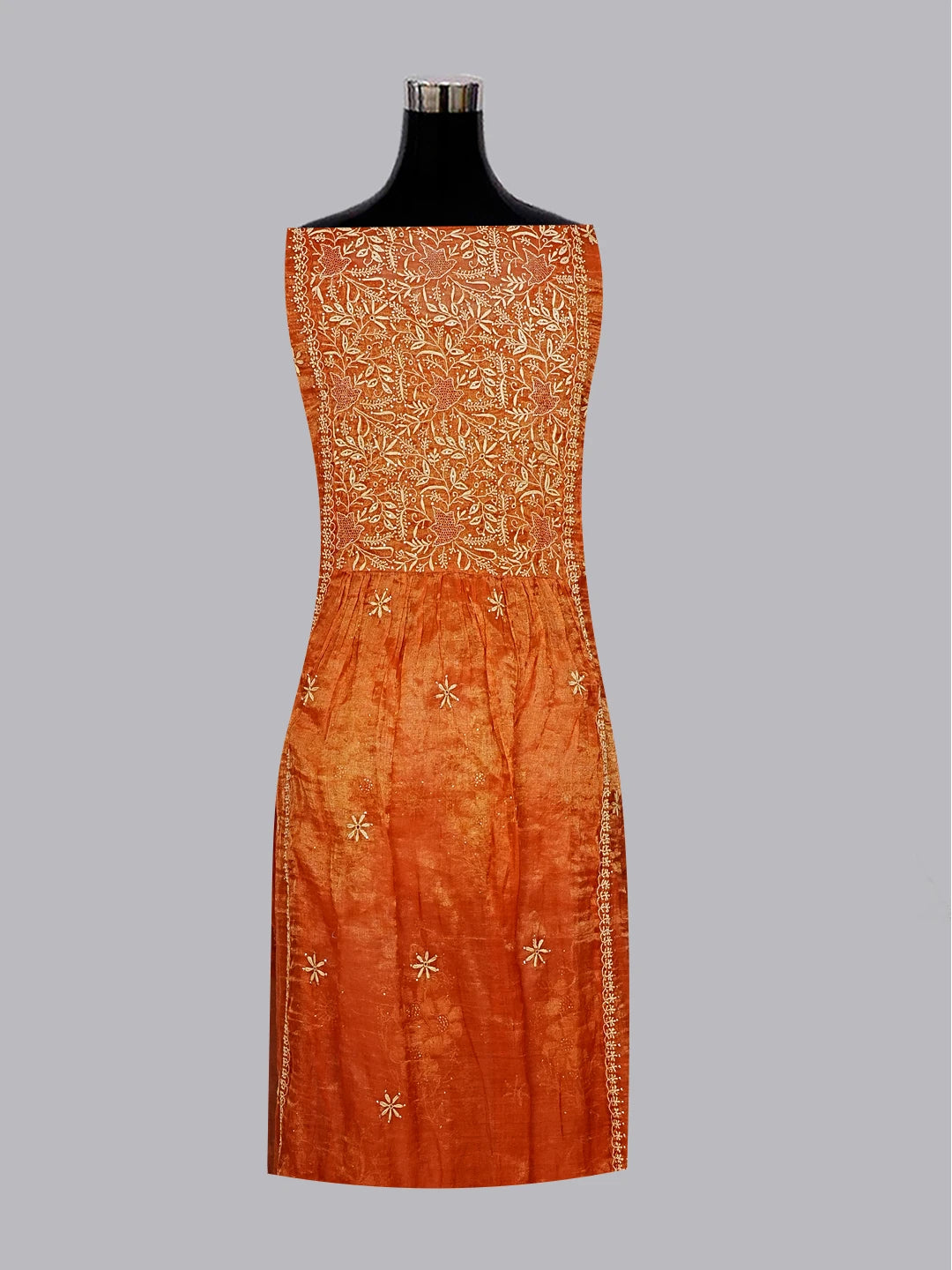 Ada Hand Embroidered Rust Tissue Lucknowi Chikankari Semi-stitched Kurta Dupatta Set With Muqaish Work 01A543873