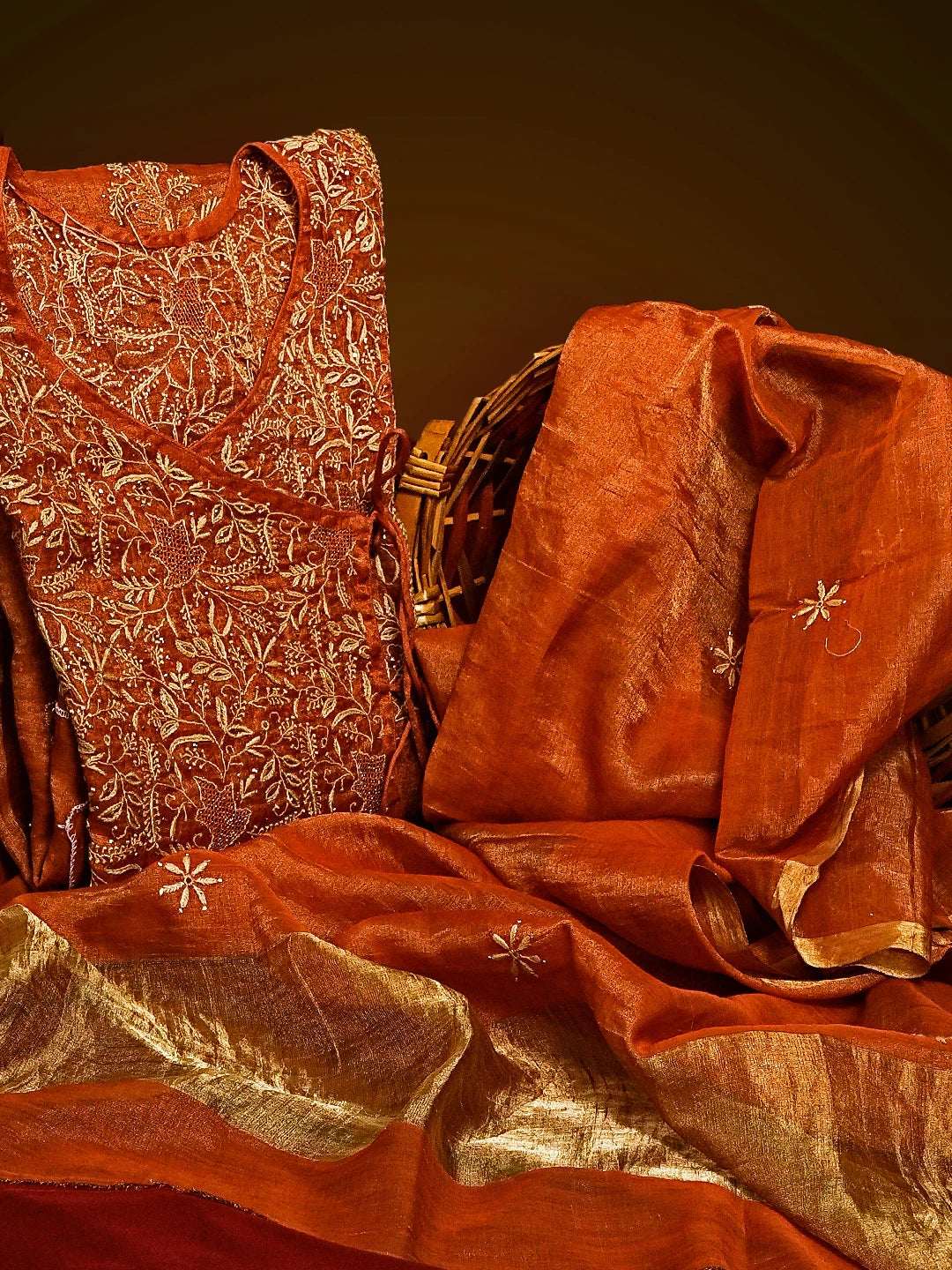 Ada Hand Embroidered Rust Tissue Lucknowi Chikankari Semi-stitched Kurta Dupatta Set With Muqaish Work 01A543873