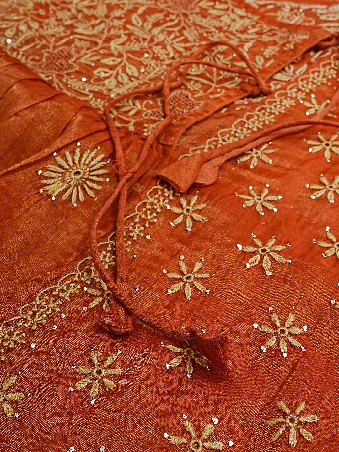 Ada Hand Embroidered Rust Tissue Lucknowi Chikankari Semi-stitched Kurta Dupatta Set With Muqaish Work 01A543873