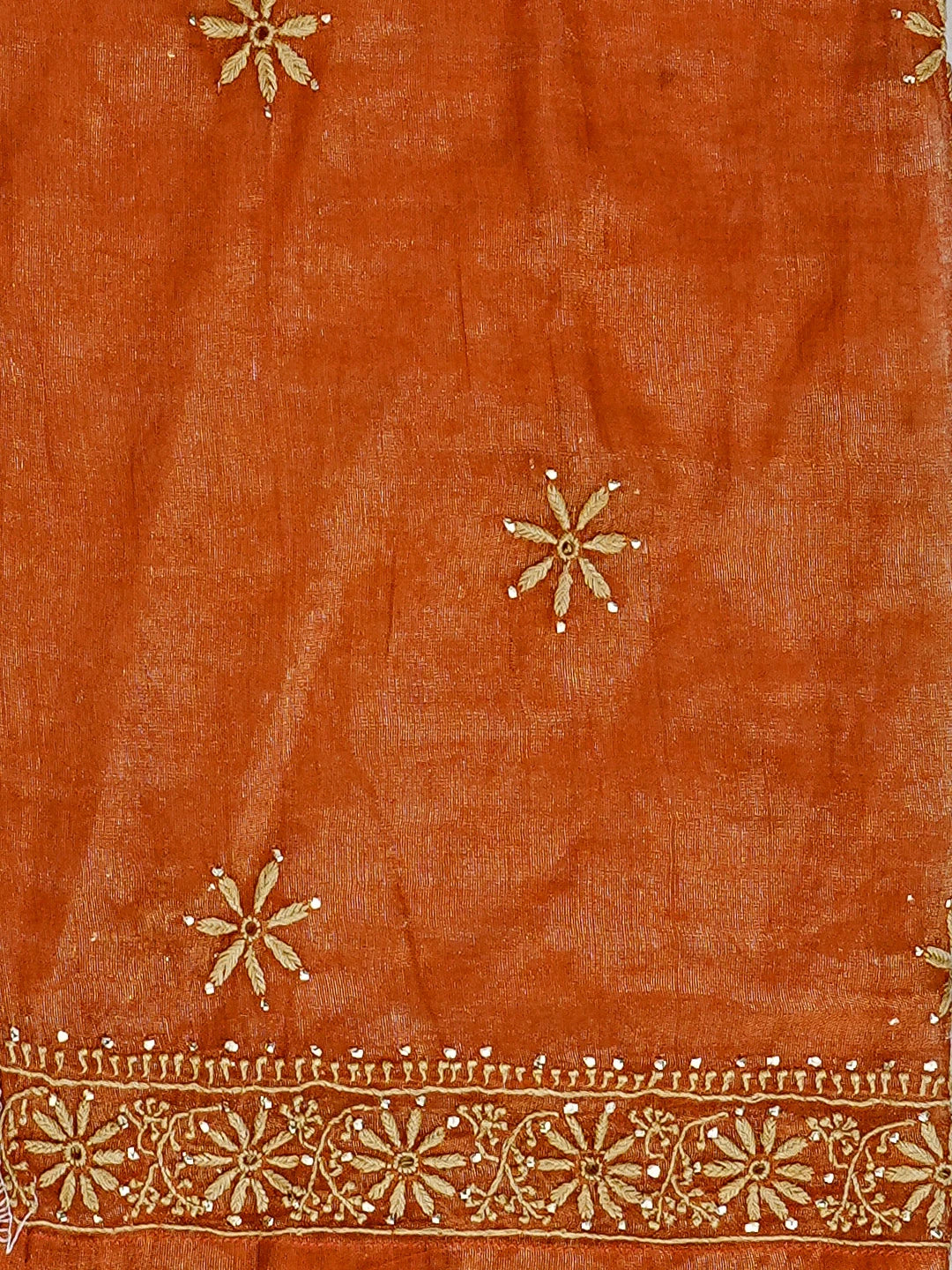 Ada Hand Embroidered Rust Tissue Lucknowi Chikankari Semi-stitched Kurta Dupatta Set With Muqaish Work 01A543873