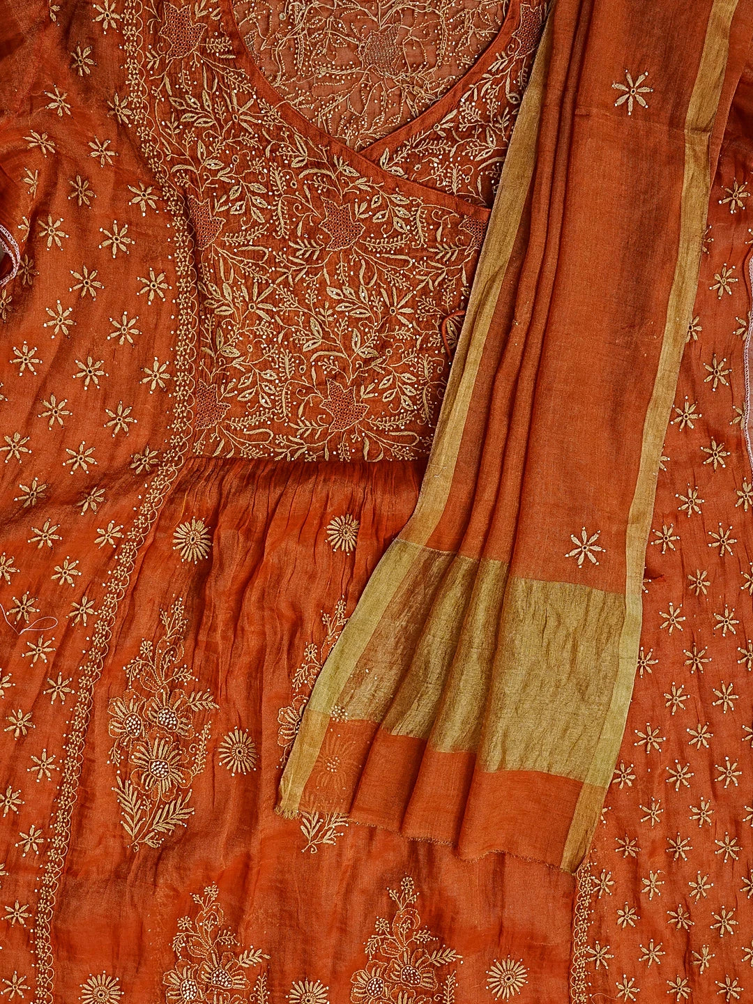 Ada Hand Embroidered Rust Tissue Lucknowi Chikankari Semi-stitched Kurta Dupatta Set With Muqaish Work 01A543873