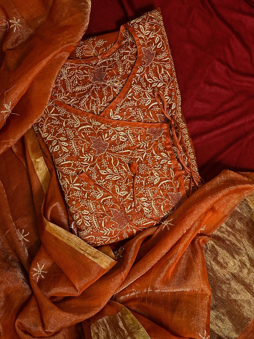 Ada Hand Embroidered Rust Tissue Lucknowi Chikankari Semi-stitched Kurta Dupatta Set With Muqaish Work 01A543873
