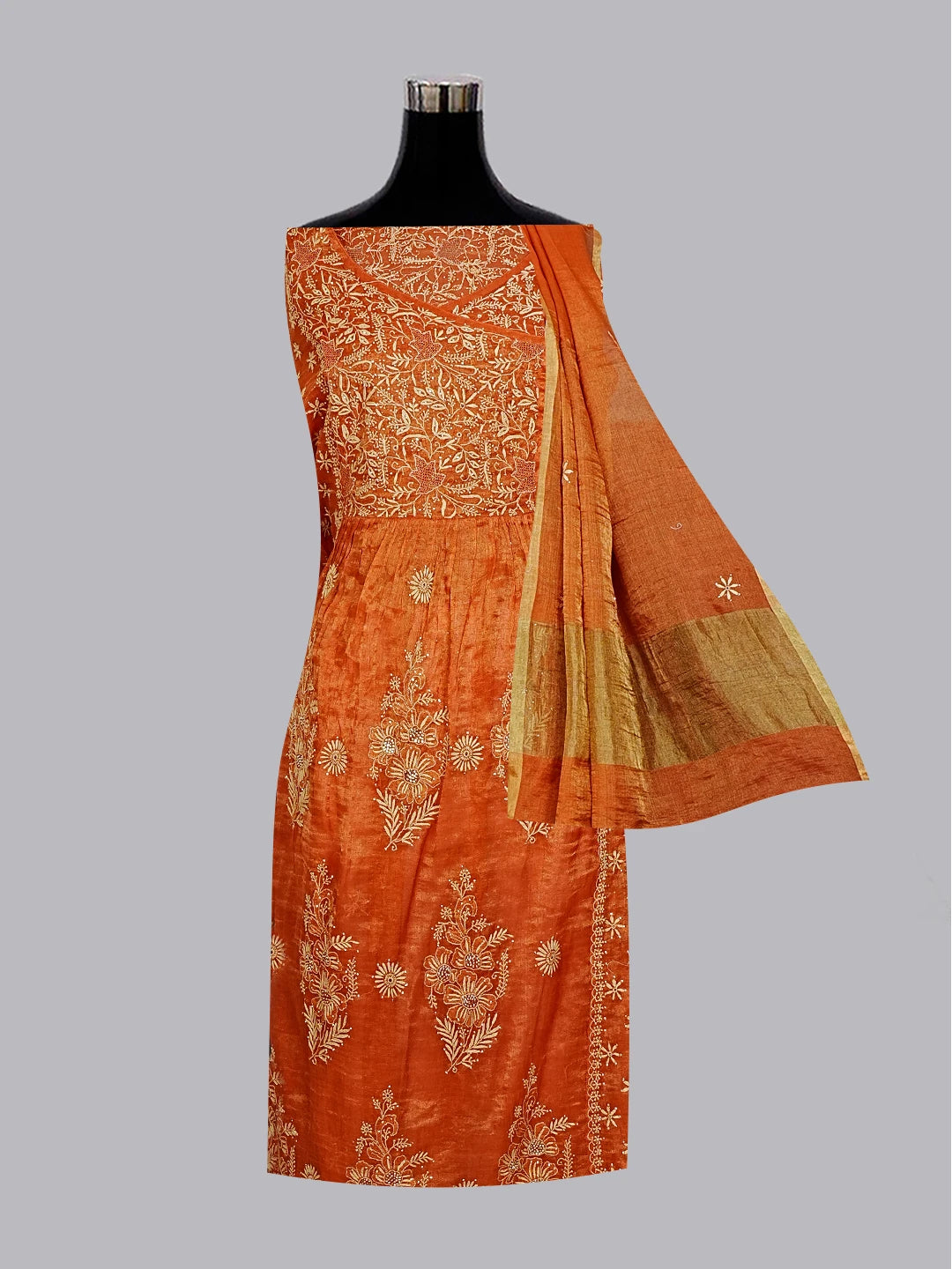 Ada Hand Embroidered Rust Tissue Lucknowi Chikankari Semi-stitched Kurta Dupatta Set With Muqaish Work 01A543873