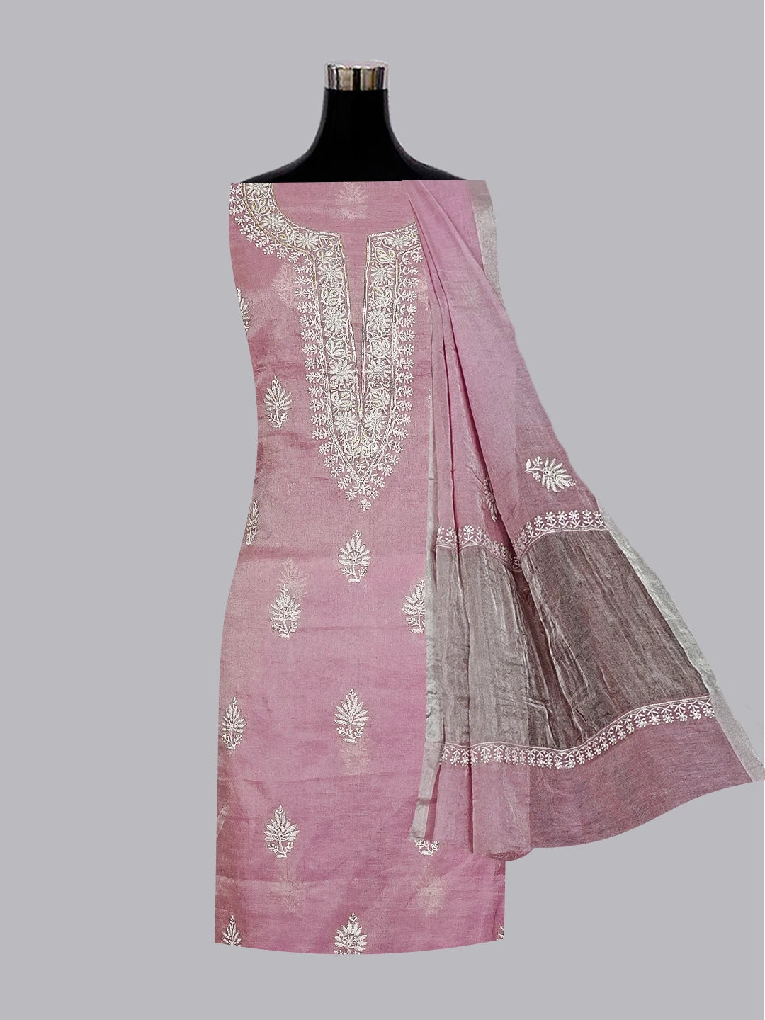 Ada Hand Embroidered Mauve Tissue Lucknowi Chikankari Unstitched Kurta Dupatta Set With Cutdana Work 01A543895