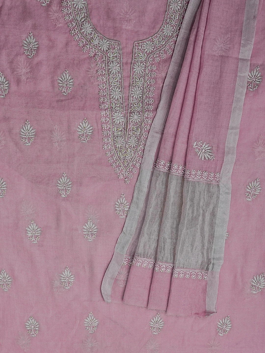 Ada Hand Embroidered Mauve Tissue Lucknowi Chikankari Unstitched Kurta Dupatta Set With Cutdana Work 01A543895
