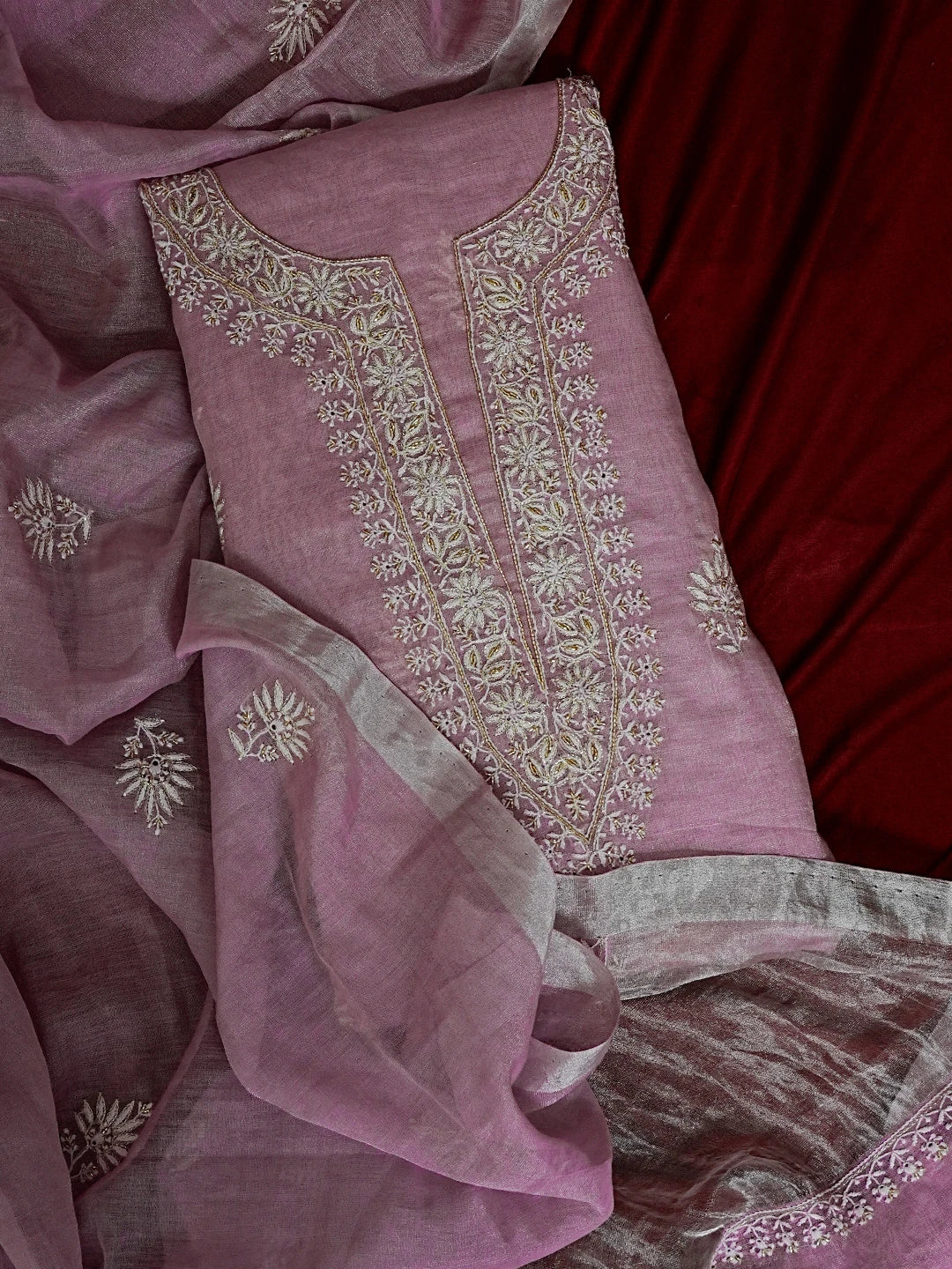Ada Hand Embroidered Mauve Tissue Lucknowi Chikankari Unstitched Kurta Dupatta Set With Cutdana Work 01A543895