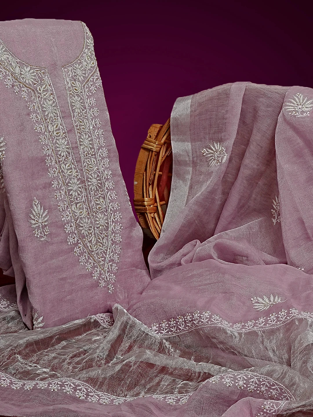 Ada Hand Embroidered Mauve Tissue Lucknowi Chikankari Unstitched Kurta Dupatta Set With Cutdana Work 01A543895