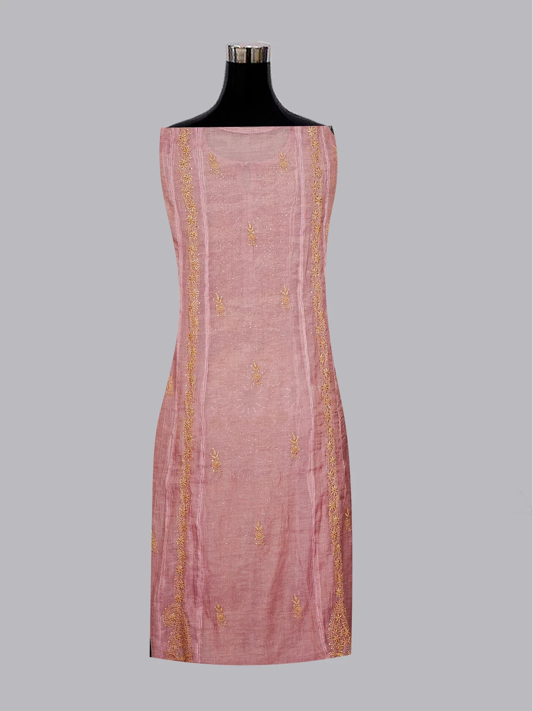 Ada Hand Embroidered Onion Pink Tissue Lucknowi Chikankari Semi-stitched Kurta Dupatta Set With Muqaish Work 01A543835